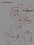  2019 anthro breasts chest_tuft dialogue domestic_cat felid feline felis female general-irrelevant grey_background hair kilt mammal monochrome nipples open_mouth pawpads shopping_bag simple_background solo surprise tablet tharkis transformation tuft 