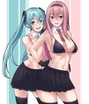  2girls aqua_eyes aqua_hair black_legwear bra breasts cleavage commentary_request cowboy_shot detached_collar din_(raiden) eyebrows_visible_through_hair fingerless_gloves floating_hair gloves hatsune_miku headband large_breasts long_hair megurine_luka multicolored multicolored_background multiple_girls navel necktie pink_eyes pink_hair striped striped_background thighhighs twintails underwear very_long_hair vocaloid 