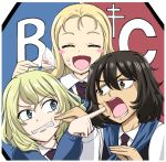  3girls andou_(girls_und_panzer) bangs bc_freedom_(emblem) bc_freedom_school_uniform black_hair blonde_hair blue_eyes brown_eyes cake cheek_poking closed_eyes dark_skin eating emblem food food_on_face girls_und_panzer long_hair long_sleeves marie_(girls_und_panzer) medium_hair messy_hair multiple_girls necktie open_mouth oshida_(girls_und_panzer) poking school_uniform smile sutahiro_(donta) sweater vest 