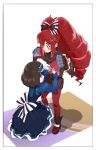  2girls adjusting_another&#039;s_clothes akiot blue_dress bow brown_hair buttoning claws doll_joints dress frilled_hairband frills garie_tuman hair_bow hairband long_sleeves micha_jawkan multiple_girls red_hair senki_zesshou_symphogear shirt_lift 