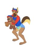  2019 anthro baseball_glove blush bodily_fluids canid canine canis clothing colt3n diaper domestic_dog genital_fluids german_shepherd hat headgear headwear herding_dog hi_res male mammal one_eye_closed pastoral_dog peeing plushie pull-ups_(diaper) shirt simple_background solo standing topwear urine wet_diaper wetting white_background 