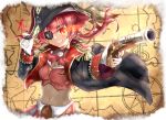  1girl adjusting_clothes adjusting_hat anchor_print anchor_symbol arrow_through_heart black_eyepatch breasts cleavage eyepatch gem gloves glowing glowing_eye gun handgun hat highres holding holding_gun holding_weapon hololive houshou_marine jacket long_sleeves medium_breasts medium_hair navel pirate pirate_hat pistol smile solo sparkle stoyo_606 teeth treasure_map twintails virtual_youtuber weapon white_gloves 
