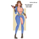  1:1 2019 absurd_res bethesda_softworks beverage big_breasts blush bottle breasts brown_hair clothing dialogue english_text fallout gynomorph hair hi_res human intersex mammal nipples nude nuka-cola open_mouth penis pip-boy simple_background solo surprise text torn_clothing transformation unidentified-tf vault_suit video_games 