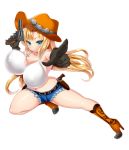  1girl black_gloves blonde_hair blue_eyes boots breasts copyright_request cow_girl cowboy_hat denim denim_shorts gloves gun hat huge_breasts long_hair meisuke_mei navel official_art shorts simple_background smile solo very_long_hair weapon white_background white_tank_top 