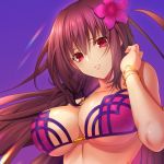  1girl alternate_costume bikini bracelet breasts emanon123 fate/grand_order fate_(series) flower hair_flower hair_intakes hair_ornament hand_in_hair hibiscus highres jewelry large_breasts looking_at_viewer ocean outdoors parted_lips pink_bikini purple_bikini purple_hair red_eyes scathach_(fate)_(all) scathach_(swimsuit_assassin)_(fate) smile solo sunset swimsuit upper_body 