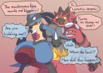  2019 ambiguous_gender anthro anthro_on_anthro balls biceps big_penis black_fur blue_fur blush censored dialogue duo edit english_text erection featureless_crotch fire fungus fur grabbing grabbing_from_behind green_eyes hard_translated holding_character holding_object incineroar larger_male looking_at_penis lucario male male/ambiguous mario_bros multicolored_fur muscular muscular_male mushroom nintendo oodaru pecs penis pok&eacute;mon pok&eacute;mon_(species) red_eyes red_fur size_difference speech_bubble standing super_smash_bros. tan_fur text translated two_tone_fur video_games yellow_sclera 