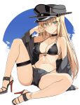  1girl anchor bangs bare_shoulders bikini bismarck_(kantai_collection) black_bikini black_choker black_jacket black_shorts blonde_hair blue_eyes blue_sky blush border breasts choker cleavage cloud cloudy_sky commentary_request eyebrows_visible_through_hair full_body hair_between_eyes hat high_heels highleg highleg_bikini highres jacket kantai_collection large_breasts long_hair looking_at_viewer military_hat navel off_shoulder oota_yuuichi open_clothes open_jacket peaked_cap short_shorts shorts side-tie_bikini sitting sky smile solo spread_legs swimsuit thigh_strap white_background white_border 