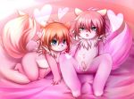  &lt;3 2015 all_fours alternate_version_at_source am_ericium anthro balls bed blue_eyes blush bodily_fluids canid canine cub cum cum_on_penis cumshot duo ejaculation erection female fur genital_fluids girly hair half-closed_eyes hands-free hi_res humanoid_penis looking_at_penis lying male male/female mammal multi_tail nude on_back open_mouth orgasm penis pillow pink_background pink_fur pink_hair red_hair simple_background spread_legs spreading uncut young 