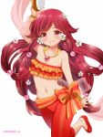  1girl angel_stone breasts flower hair_flower hair_ornament instrument jewelry long_hair medium_breasts meisuke_mei midriff navel necklace official_art red_eyes red_hair simple_background solo tambourine very_long_hair white_background 