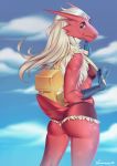  backpack blaziken blonde_hair blue_eyes bottomwear butt claws clothing cloud darzycat female hair head_turned hi_res long_hair looking_at_viewer nintendo outside pok&eacute;mon pok&eacute;mon_(species) scales short_shorts shorts sky smile solo video_games 