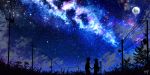  1boy 1girl absurdres blue_theme couple dark full_moon galaxy grass highres holding_hands huge_filesize kumeki_(kk4615) long_hair moon night night_sky original power_lines rural scenery short_hair signature silhouette sky star star_(sky) starry_sky telephone_pole tree 