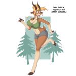  1:1 2019 3_fingers absurd_res antelope anthro big_breasts blonde_hair bovid breasts clothed clothing dialogue english_text female fingers gazelle hair hi_res horn invalid_tag mammal navel necklaces open_mouth running simple_background solo species_transformation surprise text transformation unidentified-tf 