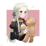  1girl amy30535 blonde_hair closed_mouth edelgard_von_hresvelg fire_emblem fire_emblem:_three_houses gloves hair_ribbon holding long_hair long_sleeves pink_background purple_eyes ribbon simple_background solo stuffed_animal stuffed_toy teddy_bear uniform upper_body white_gloves 