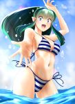  1girl absurdres bikini blue_eyes blue_sky breasts cloud collarbone commentary_request contrapposto cowboy_shot day foreshortening green_hair highres long_hair looking_at_viewer lum medium_breasts nanao_futaba navel oni_horns outdoors pointy_ears setsubun side-tie_bikini sky smile soaking_feet solo splashing striped striped_bikini swimsuit urusei_yatsura water 