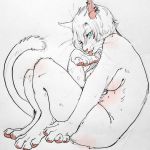  1:1 2019 4_toes 5_fingers anthro blue_pupils breasts curled_up digitigrade domestic_cat ear_piercing ear_ring felid feline felis female fingers fur graphite_(artwork) green_eyes hair handpaw knees_pulled_up legs_together licking looking_at_viewer mammal multi_nipple nekomata_ftnr nipples nude pawpads paws pencil_(artwork) personal_grooming piercing pink_nipples pink_nose pink_pawpads pink_tongue self_lick short_hair simple_background sitting sketch slit_pupils smile solo spot_color toes tongue tongue_out traditional_media_(artwork) whiskers white_background white_fur white_hair 