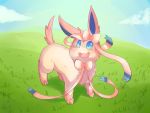  2015 4:3 ambiguous_gender blue_eyes canid canine cloud day eeveelution feral fur grass looking_up mammal nintendo open_mouth outside pink_fur pok&eacute;mon pok&eacute;mon_(species) shadow sky slightly_chubby solo sylveon video_games 典藏haodai 