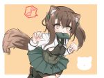  1girl animal_ears bike_shorts black_shorts border brown_eyes brown_hair commentary_request cowboy_shot dog_ears dog_tail eighth_note headband headgear highres kantai_collection kasashi_(kasasi008) kemonomimi_mode looking_at_viewer mouth_hold muneate musical_note orange_background pleated_skirt short_hair shorts shorts_under_skirt skirt solo spoken_musical_note taihou_(kantai_collection) tail two-tone_background white_border 