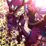  1girl black_legwear blonde_hair blurry capelet carol_malus_dienheim claws commentary_request depth_of_field elbow_gloves gloves hair_between_eyes hat highres hinomoto_madoka looking_at_viewer open_mouth outstretched_arm purple_hair ribs senki_zesshou_symphogear shiny shiny_hair shiny_skin short_hair skirt solo spoilers teeth thighhighs witch_hat 