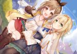  2girls :d atelier_(series) atelier_ryza bangs beret black_skirt blonde_hair blue_sky blush book bow braid breasts brown_eyes brown_gloves brown_hair brown_hairband brown_legwear brown_ribbon closed_mouth cloud collarbone collared_shirt commentary_request day dutch_angle eyebrows_visible_through_hair frilled_skirt frills gloves green_eyes hair_between_eyes hair_bow hair_ornament hair_ribbon hairband hairclip hat high-waist_skirt holding holding_book klaudia_valentz long_hair multiple_girls omuretsu open_book open_mouth outdoors pantyhose pointing pointing_at_viewer red_shorts reisalin_stout ribbon round_teeth shirt short_shorts shorts shoulder_cutout signature skindentation skirt sky small_breasts smile teeth thighhighs upper_teeth very_long_hair white_bow white_headwear white_legwear white_shirt 