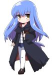  1girl :o bangs black_capelet black_robe blue_hair blue_skirt blush book brown_eyes brown_footwear capelet chibi eyebrows_visible_through_hair frilled_shirt frills full_body hair_between_eyes hood hood_down hooded_capelet long_hair long_sleeves looking_at_viewer original osaragi_mitama pantyhose parted_lips pleated_skirt shirt shoes simple_background skirt sleeves_past_wrists solo standing very_long_hair white_background white_legwear white_shirt wide_sleeves 