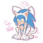 1:1 anthro black_nose blue_hair capcom cat_ears_(disambiguation) claws cosplay crossgender darkstalkers eulipotyphlan eyelashes fake_cat_ears fake_ears felicia_(darkstalkers) female fur green_eyes hair hedgehog looking_down mammal oakrue simple_background sitting sonic_(series) sonic_the_hedgehog video_games white_background white_fur 