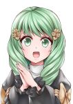  1girl fire_emblem fire_emblem:_three_houses flayn_(fire_emblem) green_eyes green_hair hair_ornament long_hair long_sleeves open_mouth own_hands_together simple_background solo tenchan_man uniform upper_body white_background 