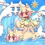  2girls animal_ear_fluff animal_ears animalization bangs bell bell_collar bikini bikini_under_clothes blonde_hair blue_bikini blue_eyes blue_sky blush brown_collar cloud collar day eyebrows_visible_through_hair fish fox_ears fox_girl fox_tail frilled_bikini frills hair_between_eyes hair_bobbles hair_ornament highres hood hood_down hooded_jacket jacket jingle_bell kemomimi-chan_(naga_u) long_hair long_sleeves multiple_girls naga_u original outdoors red_eyes sidelocks sky sleeves_past_fingers sleeves_past_wrists sparkle sun surfing swimsuit tail tan two_side_up v-shaped_eyebrows water waves yellow_jacket 