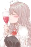  1girl alcohol az_toride bow bowtie commentary_request corset cup drinking_glass grey_hair hair_between_eyes hat heart kantai_collection mini_hat pola_(kantai_collection) profile red_neckwear shirt simple_background solo upper_body wavy_hair white_background white_shirt wine wine_glass 