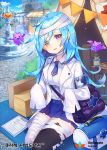  1girl apple_caramel armband bag bandaged_head bandaged_leg bandages bat black_legwear blue_eyes blue_hair blue_neckwear blue_skirt blue_sky box building clipboard company_name day first_aid_kit fountain frown heterochromia korean_text long_hair official_art outdoors qurare_magic_library seiza shirt sitting skirt sky sleeves_past_wrists solo string_of_flags tent very_long_hair watermark white_shirt yellow_eyes 