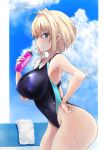  1girl ahoge black_swimsuit blonde_hair blue_eyes blue_sky bottle breasts cloud commentary_request competition_swimsuit covered_navel cowboy_shot hand_on_hip highleg highleg_swimsuit impossible_clothes impossible_swimsuit karune large_breasts leaning_forward one-piece_swimsuit original short_hair sky solo swimsuit towel water_bottle white_towel 