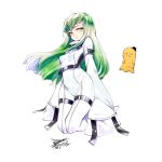  1girl bangs blush bodysuit breasts c.c. cheese-kun chinese_commentary code_geass commentary_request covered_navel dated ejami green_hair long_hair long_sleeves multiple_straps signature sleeves_past_fingers sleeves_past_wrists white_background white_bodysuit wide_sleeves yellow_eyes 