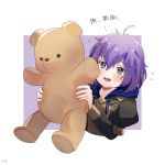  1girl amy30535 bernadetta_von_varley fire_emblem fire_emblem:_three_houses grey_eyes holding long_sleeves open_mouth purple_background purple_hair short_hair simple_background solo stuffed_animal stuffed_toy teddy_bear uniform upper_body 