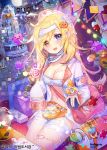  1girl :d apple_caramel bag bandaged_head bandaged_leg bandages bandaid bat blonde_hair blue_eyes breasts building candy cleavage commentary confetti cross food food_themed_hair_ornament fountain full_moon hair_ornament hat heart heterochromia jack-o&#039;-lantern lollipop long_hair long_sleeves looking_at_viewer medium_breasts moon motion_blur navel night nurse_cap official_art open_clothes open_mouth open_shirt orange_eyes outdoors pill pumpkin_hair_ornament qurare_magic_library sarashi shirt sidelocks sleeves_past_fingers sleeves_past_wrists smile solo_focus stall stitches stuffed_animal stuffed_toy swirl_lollipop tears tent very_long_hair water white_shirt wing_collar 