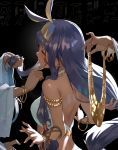  1girl animal_ears armlet bangs blunt_bangs bracelet breasts closed_eyes dark_skin earrings egyptian egyptian_art egyptian_clothes facepaint facial_mark fate/grand_order fate_(series) fingernails hairband highres holding hoop_earrings jackal_ears jewelry lips long_hair long_sleeves makeup nail_polish necklace nitocris_(fate/grand_order) out_of_frame purple_hair satsuki_neko sidelocks solo_focus upper_body very_long_hair wide_sleeves wristband 