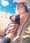  2girls asymmetrical_hair bangs bare_shoulders beach between_breasts bikini blue_bikini blue_eyes blue_legwear blush breasts bubble_tea bubble_tea_challenge bun_cover collarbone cup disposable_cup drinking_straw fate/grand_order fate_(series) fujimaru_ritsuka_(female) hair_bun highres large_breasts long_hair looking_at_viewer miyamoto_musashi_(fate/grand_order) miyamoto_musashi_(swimsuit_berserker)_(fate) mugetsu2501 multiple_girls navel object_on_breast pink_hair sitting smile solo solo_focus swept_bangs swimsuit thighhighs thighs 