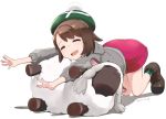  1girl brown_hair gen_8_pokemon hat horns hug long_sleeves lying nagian on_side open_mouth pokemon pokemon_(creature) pokemon_(game) pokemon_swsh sheep short_hair simple_background smile white_background wooloo 