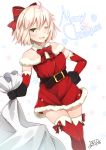  1girl 2017 ;d ahoge artist_name bangs bare_shoulders belt belt_buckle black_dress blonde_hair bow brown_belt buckle christmas dated detached_sleeves dress eyebrows_visible_through_hair fate/grand_order fate_(series) fur-trimmed_dress fur_trim hair_between_eyes hair_bow highres holding holding_sack long_sleeves looking_at_viewer misoradeko okita_souji_(fate) okita_souji_(fate)_(all) one_eye_closed open_mouth red_bow red_dress red_legwear sack santa_costume short_dress short_hair simple_background smile snowflake_background snowflakes solo thighhighs white_background yellow_eyes 