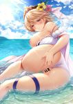  1girl areolae ass bangs bar_censor bare_shoulders bikini blonde_hair blue_eyes blue_sky blush breasts censored cloud commentary_request europa_(granblue_fantasy) eyebrows_visible_through_hair flower from_behind granblue_fantasy hair_between_eyes hair_flower hair_ornament half-closed_eyes highres hirotan_insitao large_breasts looking_at_viewer looking_back nipples outdoors partially_submerged pussy revision short_hair sky smile solo spread_pussy swimsuit thigh_strap thighs tiara wet white_bikini 