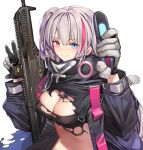  1girl black_bra black_jacket blue_eyes bra breasts cleavage closed_mouth desert_tech_mdr girls_frontline gloves grey_gloves gun hands_up heterochromia highres holding holding_gun holding_weapon jacket kaerunoko large_breasts long_hair long_sleeves looking_at_viewer mdr_(girls_frontline) multicolored_hair object_namesake one_side_up open_clothes open_jacket pink_eyes pink_hair sidelocks silver_hair simple_background smile solo stomach streaked_hair torn_clothes underwear upper_body v weapon white_background 