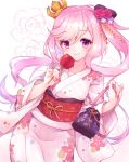  1girl azur_lane candy_apple closed_mouth collarbone commentary_request crown floral_background floral_print flower food hair_flower hair_ornament hands_up holding holding_food japanese_clothes juno_(azur_lane) kimono long_hair long_sleeves mini_crown obi paw_print pink_kimono red_flower red_rose rose sash shichijou_natori sidelocks smile solo tilted_headwear twintails very_long_hair wide_sleeves 