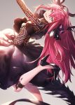  1girl :d arm_up bangs black_footwear black_ribbon black_skirt blue_eyes bodysuit commentary_request dragon_horns dragon_tail elizabeth_bathory_(fate) elizabeth_bathory_(fate)_(all) eyebrows_visible_through_hair fate/extra fate/extra_ccc fate_(series) feet_out_of_frame gradient gradient_background grey_background hair_between_eyes hair_ribbon high_heels horns ibuki_notsu long_hair looking_at_viewer open_mouth red_hair ribbon skirt smile solo tail tsurime very_long_hair 