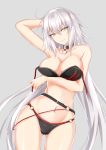  1girl arm_up armpits arms_behind_head ass_visible_through_thighs bangs bare_arms bare_shoulders belt bikini black_belt black_bikini black_choker choker collarbone commentary_request cowboy_shot eyebrows_visible_through_hair fate/grand_order fate_(series) grey_background grin groin hair_between_eyes head_tilt highres jeanne_d&#039;arc_(alter_swimsuit_berserker) jeanne_d&#039;arc_(fate)_(all) long_hair looking_at_viewer navel o-ring o-ring_bikini piro_(iiiiiiiiii) sidelocks silver_hair simple_background skindentation smile solo standing stomach swimsuit thighs tsurime untied untied_bikini very_long_hair yellow_eyes 
