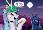  2018 collar dialogue duo equid female feral forest friendship_is_magic frown hi_res horn mammal meme moon my_little_pony night outside pony-berserker princess_celestia_(mlp) princess_luna_(mlp) sibling sister sisters tree winged_unicorn wings 