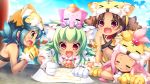  4girls animal_ear_fluff animal_ears bikini_top black_bikini_top blue_hair brown_eyes brown_hair cat_ears closed_eyes collar crayon drawing earrings fake_animal_ears fang game_cg gloves green_hair hair_bobbles hair_ornament hat jewelry koihime_musou kuwada_yuuki long_hair low_twintails mike_(koihime_musou) moukaku multiple_girls navel necklace o-ring official_art open_mouth paper paw_gloves paws pink_hair red_eyes shamu short_hair short_twintails sleeping smile table tiger_ears tiger_hat topknot tora_(koihime_musou) twintails upper_body 