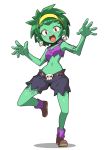  1girl blue_shorts blush brown_footwear earrings full_body green_hair green_skin hairband jewelry looking_at_viewer midriff navel nibansu open_mouth red_eyes rottytops shantae_(series) shoes short_hair shorts skull_earrings solo standing standing_on_one_leg teeth upper_teeth yellow_hairband 