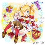  1girl angel angel_wings bell blonde_hair blue_eyes breasts christmas copyright_request gift halo large_breasts meisuke_mei midriff navel official_art one_eye_closed sack santa_costume short_hair snowflakes star twintails wings 
