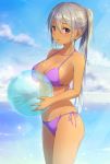  1girl ball bangs bare_arms bare_shoulders beachball bikini blue_sky blush breasts cleavage cloud collarbone commentary_request day eyebrows_visible_through_hair groin hair_between_eyes holding holding_ball horizon large_breasts long_hair mole mole_under_eye ocean original outdoors parted_lips ponytail purple_bikini purple_eyes sakusaku side-tie_bikini sidelocks silver_hair sky solo swimsuit tan transparent very_long_hair water 