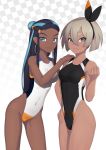  2girls absurdres adapted_costume black_hair black_hairband black_swimsuit blue_hair checkered checkered_background clenched_hand commentary_request competition_swimsuit cowboy_shot dark_skin english_commentary grey_eyes hair_bun hairband highleg highleg_swimsuit highres long_hair looking_at_viewer multicolored_hair multiple_girls one-piece_swimsuit pokemon pokemon_(game) pokemon_swsh putchers rurina_(pokemon) saitou_(pokemon) short_hair silver_hair swimsuit two-tone_hair white_swimsuit 