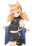  1girl absurdres animal_ear_fluff animal_ears bag bare_shoulders black_vest blonde_hair blue_eyes blue_panties blue_shorts cat_ears cat_girl cat_tail cowboy_shot extra_ears girls_frontline hair_ornament handbag highres hip_vent idw_(girls_frontline) long_hair looking_at_viewer midriff mokew navel open_mouth panties pouch short_shorts shorts shoulder_pads simple_background smile solo standing tail underwear vest white_background 