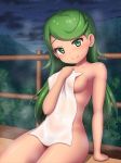  1girl areola_slip areolae arisu_kazumi blush breasts closed_mouth cloud collarbone covering dark_skin green_eyes green_hair hair_down holding holding_towel long_hair looking_at_viewer mao_(pokemon) medium_breasts night night_sky nude outdoors pokemon pokemon_(game) pokemon_sm sitting sky smile solo star_(sky) starry_sky steam towel wet wet_towel 